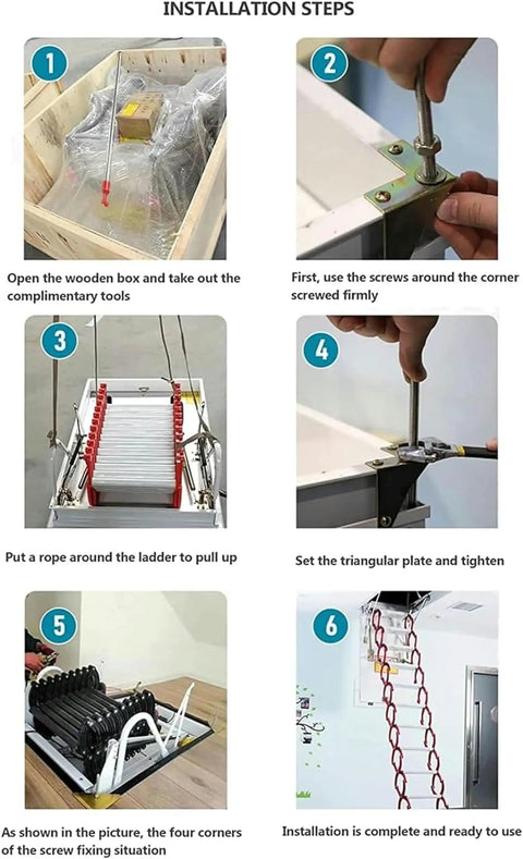 Installation steps for Rock Solid Aluminum Alloy Pull Down Attic Ladder Built Tough Motorized Stealth Loft Stairs.