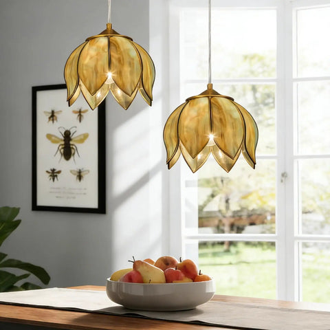 Brass Glass Tiffany Style Pendant Light With Vintage Lotus Flower Stained Glass Shade Hanging Chain Lamp for Kitchen Island