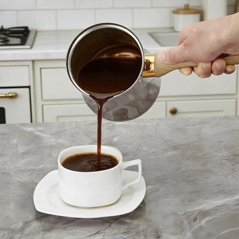 Pouring coffee from Turkish Coffee Pot Set 720ml 24oz Stainless Steel Briki Cezve For Turkish Greek Arabic Coffee Maker