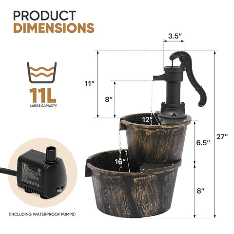 27 Inch Tall Outdoor Barrel Water Fountain With Two Tier Cascading Waterfall And Electric Recirculating Pump Bronze Garden Decor
