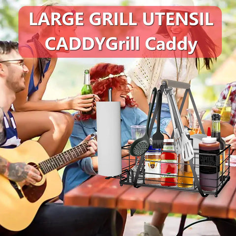 Outdoor Grill Utensil Caddy With Three Hooks Portable Organizer for Plates, Cutlery, Spices, Napkins at a patio gathering.