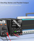 Pro Grade Dual Channel Lab Power Supply with Variable Voltage and Current for PCB Repair, shown with multimeter and oscilloscope.