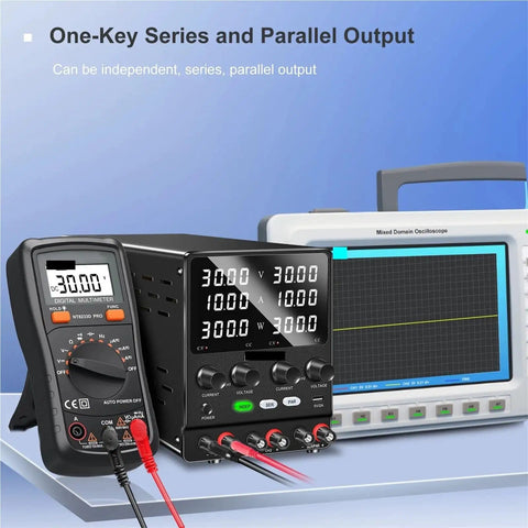 Dual Channel Lab Grade Variable DC Power Supply with Independent Output Channels and Series Parallel Toggle for PCB Repair