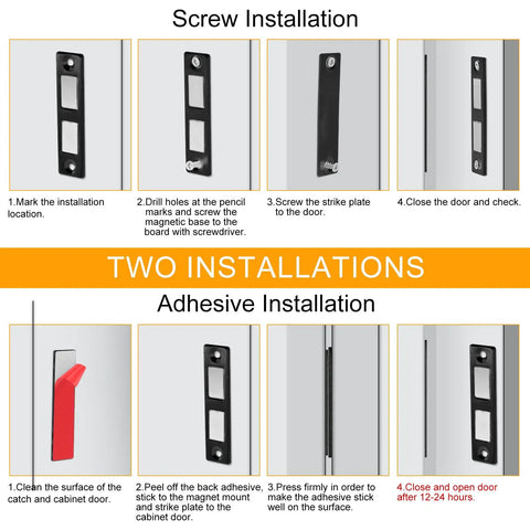 Ultra Thin Magnetic Catch For Cabinets Pack Of 8 installation steps for screw and adhesive methods, black finish components shown.
