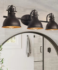 Beacon 27 Inch Three Light Industrial Vanity Light With Brass Interior Shades Modern Farmhouse Wall Sconce