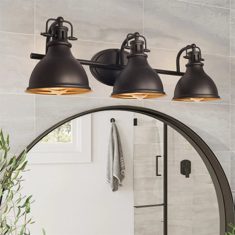 Beacon 27 Inch Three Light Industrial Vanity Light With Brass Interior Shades Modern Farmhouse Wall Sconce