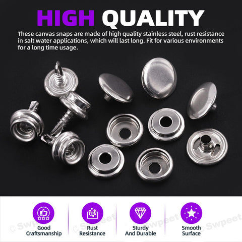 62Pcs Canvas Snap Kit for Marine Canvas Upholstery and Boat Covers, Stainless Steel Pro Grade Marine Fasteners displayed on black background