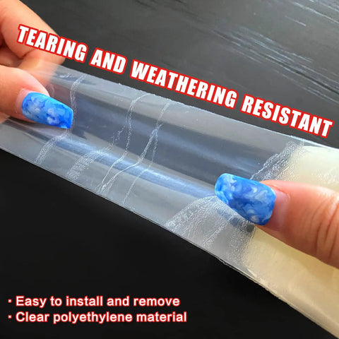 Hands pulling Indoor And Outdoor Clear Window Weather Sealing Tape For Draft Prevention, transparent and strong adhesion.