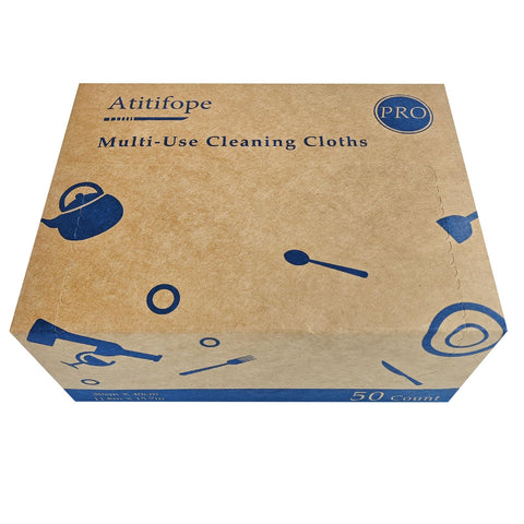 Packaging box for Heavy Duty Reusable Cleaning Cloths 50 Pack 11.8 By 15.7 Inches showing multi-use wipes illustration