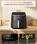 Six Quart Nine In One Air Fryer With Pfas Free Ceramic Basket And Fast Air Technology on kitchen counter with touchscreen.