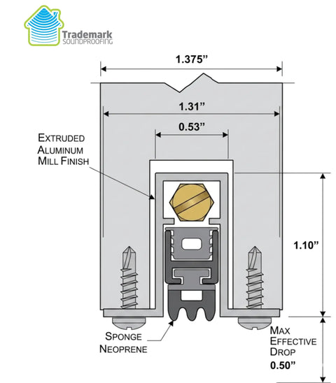 Diagram of Auto Drop Under Door Seal Strip with neoprene and aluminum, showing dimensions for low profile, soundproofing, and draft stopping.