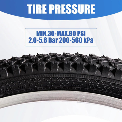 Close-up of tread pattern on Two Pack 24x1.95 Mountain Bike Tires Set Folding Puncture Proof Off Road Ready, showing tire pressure limits.