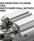 Heavy Duty Xalc Pneumatic Cylinder Featuring Inclined Rod Lever Design And Compression Clamping Rocker Arm Fixture Non Magnetic Aluminum Build close-up view of hard oxidation cylinder block