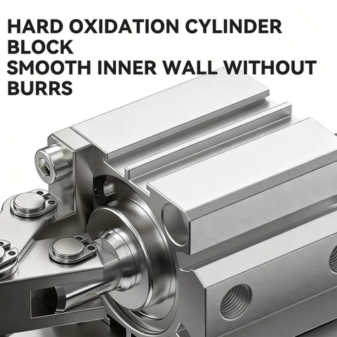 Heavy Duty Xalc Pneumatic Cylinder Featuring Inclined Rod Lever Design And Compression Clamping Rocker Arm Fixture Non Magnetic Aluminum Build close-up view of hard oxidation cylinder block