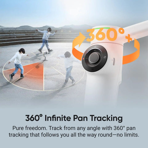 Diagram showcasing Foldable AI Phone Gimbal Pro Vlog Kit With 360 Pan Tracking for smooth filming, three people in movement.