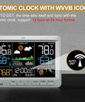 All In One Weather Station With Indoor Outdoor Thermometer And Wireless Atomic Clock Real Time Temperature And Humidity Monitor With Large Constant Display Dew Point Barometer Moon Phase Tide And Comfort Readouts Grey, showing atomic clock with WVVB icon on display.
