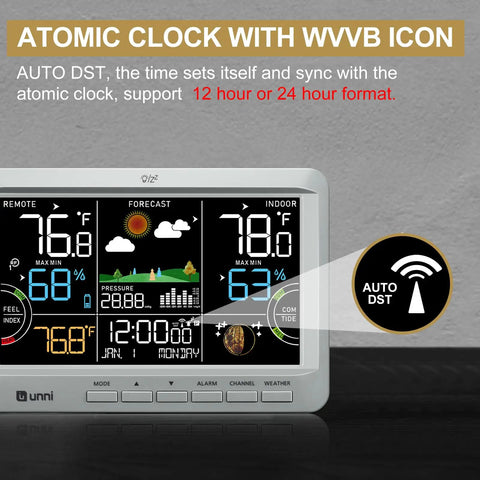All In One Weather Station With Indoor Outdoor Thermometer And Wireless Atomic Clock Real Time Temperature And Humidity Monitor With Large Constant Display Dew Point Barometer Moon Phase Tide And Comfort Readouts Grey, showing atomic clock with WVVB icon on display.