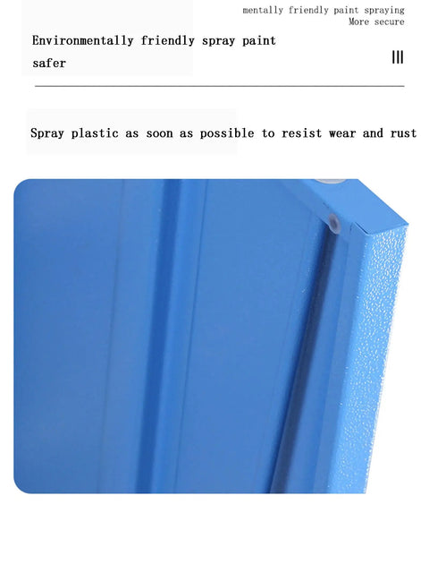 Close-up view of Heavy Duty Steel Rolling Tool Cabinet Featuring Auxiliary Workbench Top And Glide Out Drawers For Garage Setup with blue spray paint.