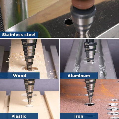 Pro Grade Heavy Duty M2 HSS Step Drill Bit Set For Metal Plastic Wood Aluminum From One Quarter Inch To One And Three Eighths Inch With Multi Hole Sizes For Faster Sharper Drilling And Longer Life demonstrated on various materials.