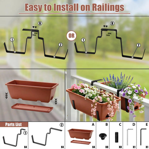 Four Pack Railing Planter Boxes with adjustable brackets, polypropylene material, easy installation for growing herbs and flowers.