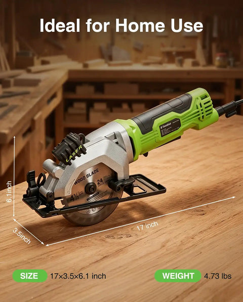 TaskStar 4-1/2 Inch Mini Circular Saw Laser Guide 4.8A Motor 4000 RPM Compact Corded Cutter on wood surface.