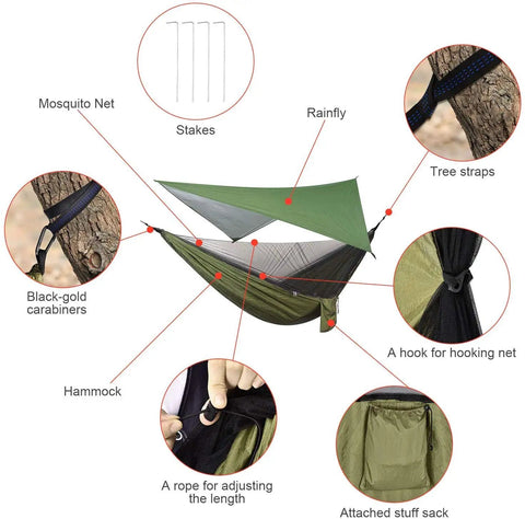 Go To Camping Hammock With Rain Fly Tarp And Built In Mosquito Net, Tree Straps Included, labeled parts and accessories.