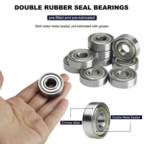 Hand holding one of the Ten Pack 6201-ZZ Double Metal Seal Deep Groove Ball Bearings, Pre-Lubricated For Smooth, Stable Performance.
