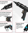 Pro Grade Heavy Duty Pneumatic Rivet Nut Gun Tool with 1 Quarter 5 Sixteenths 3 Eighths Self Locking Heads Embedded Muffler Vent