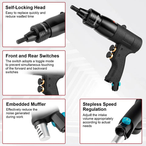Pro Grade Heavy Duty Pneumatic Rivet Nut Gun Tool with 1 Quarter 5 Sixteenths 3 Eighths Self Locking Heads Embedded Muffler Vent