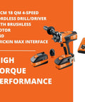 Tough As Nails 18 Volt Cordless 4 Speed Drill Driver With Brushless Motor And Fully Encapsulated Dustproof Housing QuickIn Max Mounting, showcasing drill, battery, and accessories.
