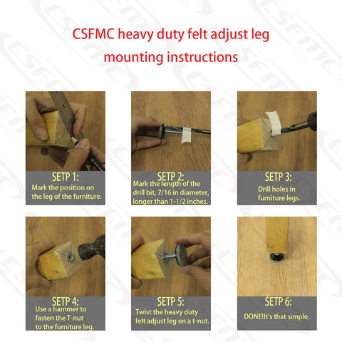 CSFMC heavy duty felt adjust leg mounting instructions for adjustable furniture leg levelers. Step-by-step guide on wood legs.