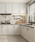 Modern kitchen with white cabinets featuring 10 Pack Dope Adjustable Cabinet Drawer Pulls In Champagne Bronze 4 Inch Length 102mm Cabinet Handles.