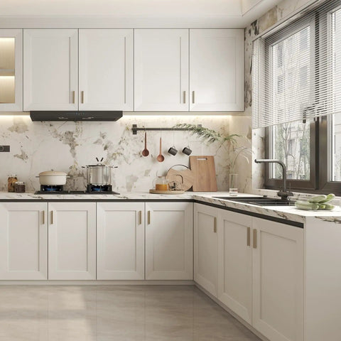 Modern kitchen with white cabinets featuring 10 Pack Dope Adjustable Cabinet Drawer Pulls In Champagne Bronze 4 Inch Length 102mm Cabinet Handles.