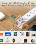 Long Reach Power Strip Surge Protector With 15ft Extension Cord For Home Office And Workshop, Extra Long Cable For Distant Outlets, Ideal For Living Rooms, Bedrooms, Desks, And Creative Setups. White power strip with 4 USB charging ports on wood desk