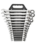 Beefy Thirteen Piece SAE Reversible Ratcheting Wrench Set With 12 Point Box Ends on holder, showing full tool arrangement