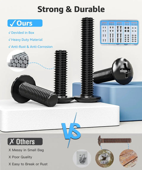 Pro No Sweat Top Shelf Universal TV Mounting Hardware Screw Kit With M4 M6 M8 Bolts, showing durable heavy duty black screws and washers.