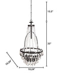 Lit Solar Metal Chandelier For Outdoor Patio, 33in black frame, clear acrylic beads detail, modern rustic vibe with dimensions shown.