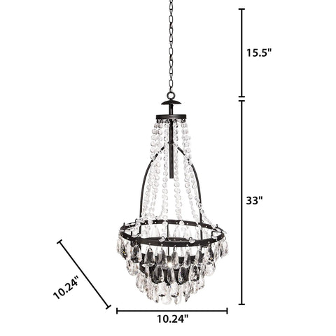 Lit Solar Metal Chandelier For Outdoor Patio, 33in black frame, clear acrylic beads detail, modern rustic vibe with dimensions shown.