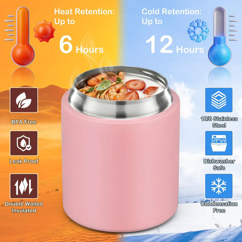 20oz Leak Proof Insulated Lunch Bowl With Wide Mouth Stainless Steel Thermos Jar Keeps Soups And Meals Hella Warm All Day Long in pink with food.