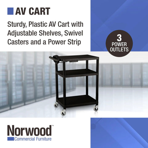Mobile AV Cart With Power Strip And Casters, Rolling Presentation And Media Cart On Wheels, Adjustable Shelves For Quick On The Go Setup, Portable Workstation For Classrooms And Offices, Black shown with three shelves and swivel casters.