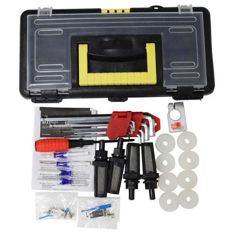 Desktop Four Head Magnetic Pump Filling And Capping Machine For Liquids Five To One Thousand Ml Badass Durability With Conveyor Belt 110 Volt No Sweat Prime Performance Gear tool kit with various components in a black case.