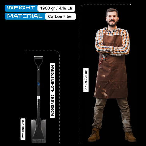 Lightweight Carbon Fiber Shovel With Ergonomic Handle For Gardening next to person for size comparison, 43 inch long.