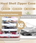 Comparison of clear hard shell zipper pouch set against crushed bag showing stackable and durable storage solution.