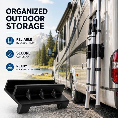 RV Ladder Bracket For On The Go System, Secure Clip Mount For Ladder Runners on side of RV with mountains in background
