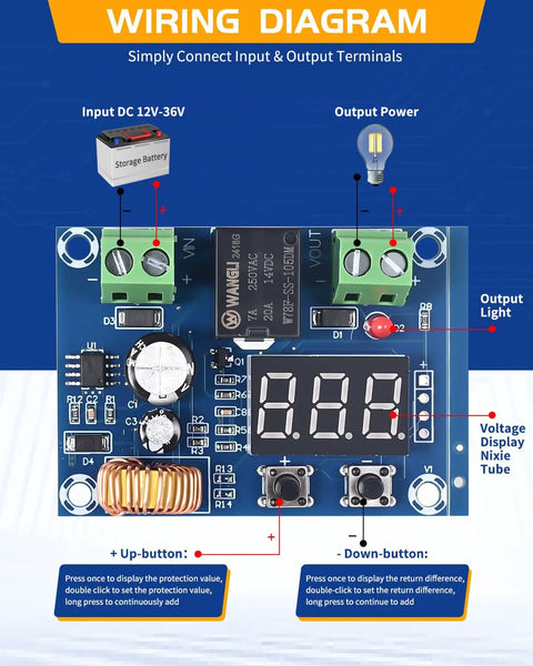 2 Pack DC Voltage Protection Module For 12 36V Batteries With Digital Low Voltage Cutoff No Nonsense Over Discharge Protection Disconnect Switch And Easy Safe Shutdown For Lead Acid And Lithium Battery Systems wiring diagram with terminals and display