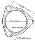 Top view of a 2.5-inch exhaust gasket with a 63.5 mm flange, three bolt holes, graphite with fire ring