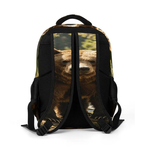 Stream Brown Bear Printed Unisex Backpack With Large Capacity showing bear print on breathable back panel