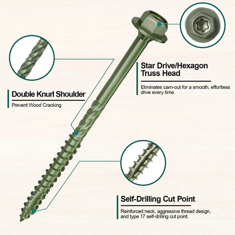 Heavy Duty Wood Structural Screws 14 X 8 50 Pack with Hex Head Lag Screws, Rust Resistant Timber Screws, close-up view showing features.