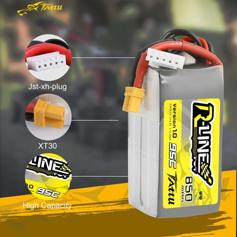 R-Line 850mAh 14.8V 95C 4S LiPo Battery Pack With XT30 Plug 2 Pack, showing JST-XH and XT30 plugs