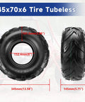 Tubeless 145/70-6 Mini Bike Tire With Repair Kit For Go Karts And ATVs, side by side dimensions and measurements shown.